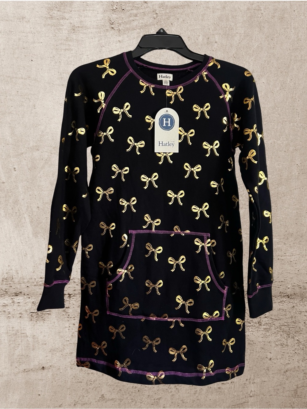 Hatley Black Sweatshirt Dress with Gold Bow Accents and Purple Trim 100% Cotton